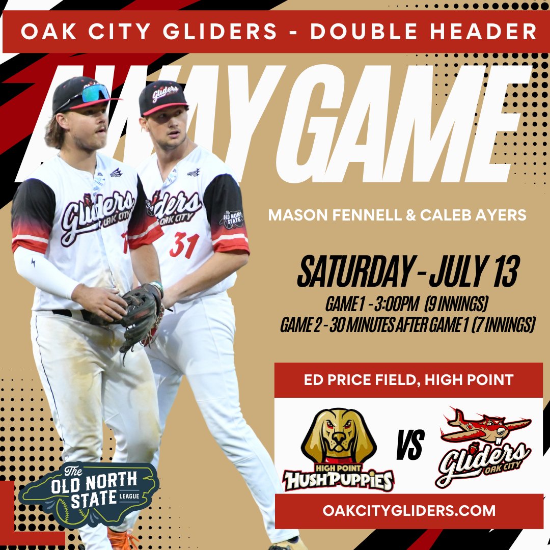 RaleighRedOaks's tweet photo. Kick off your weekend with a DOUBLE HEADER on Saturday, July 13. Your Oak City Gliders will be playing the @hp_hushpuppies at Ed Price Field. Game 1 is a make-up game from July 8th, due to weather. @ONSLBaseball @ThePlayersLg #letsglide https://t.co/0aZRGKpa2r