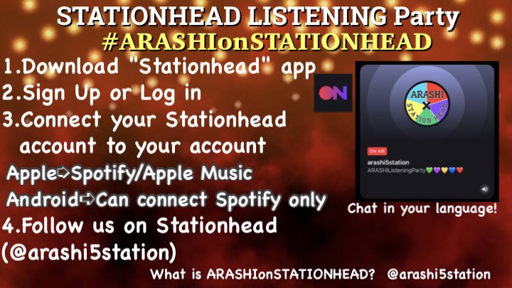 TeamARASHI2020's tweet photo. Hello ARASHIANS!
📻arashi5station is on air 24 hours on the day at Stationhead!
📍Monthly #ARASHIListeningParty on @STATIONHEAD
👏🏻Jul. 15(Mon) 22:00 - Jul. 16(Tue) 22:00🤝
The more people join, the more streams are added!
#ARASHIonSTATIONHEAD
⏩https://t.co/RasH035r4C https://t.co/61zGlgTIbP