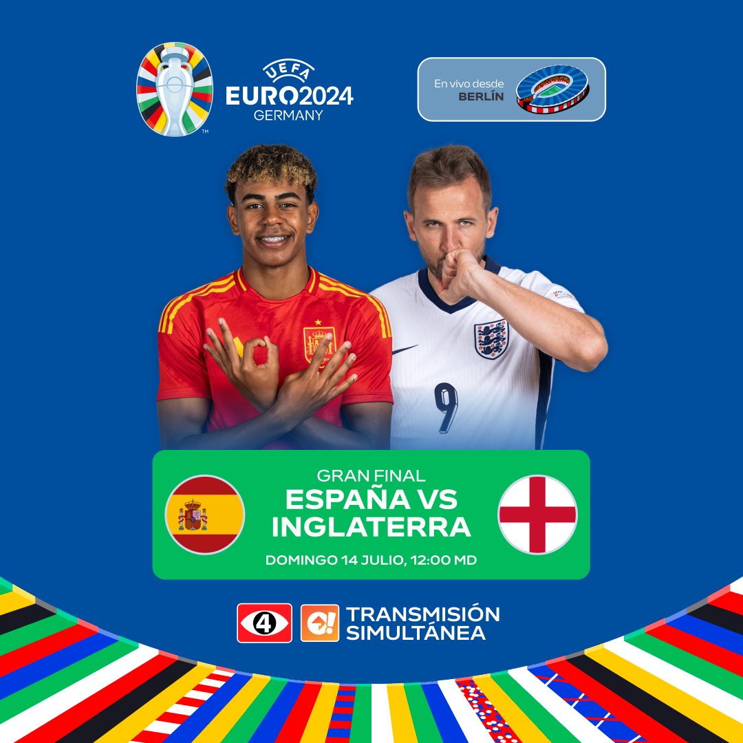 Canal4TCS's tweet photo. ¡DISFRUTA LA FINAL DE LA EURO POR EL 4! 🤩🏆

🇪🇸España 🆚Inglaterra🏴󠁧󠁢󠁥󠁮󠁧󠁿

🕛 12:00 P.M.
🗓️ Domingo 14 de julio.
📺 En vivo por Canal 4 y TCS Go para usuarios en El Salvador.

#EuroXel4 | #tcsgo 📲⚽️🔥 https://t.co/PXZsBXOnG3