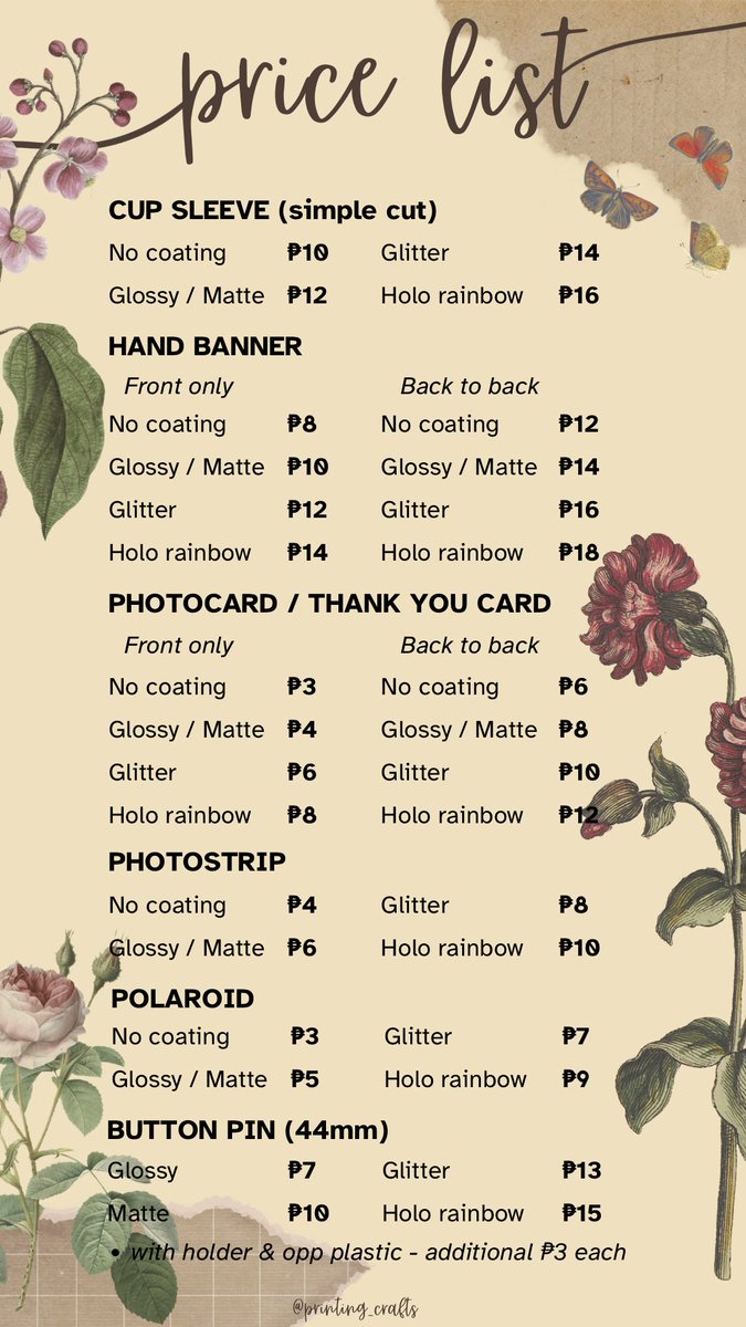 printing_crafts's tweet photo. UPDATED ✨

Customized printing services 🤩

✅ Cup sleeve
✅ Hand banner
✅ Photocard/Thank You card
✅ Photostrip
✅ Polaroid
✅ Button pin (44mm)
✅ Sintra board (A4 &amp; A5)
✅ Postcard
✅ Round fan (19cm)
✅ Uchiwa (17cm)
✅ Mini uchiwa (5cm)

samples: https://t.co/gElrgSlCia https://t.co/jGfBBjOkcR