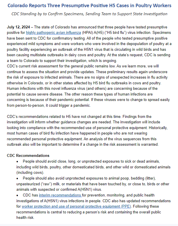BNOFeed's tweet photo. BREAKING: Colorado reports 3 human cases of H5N1 bird flu in poultry workers https://t.co/ZSwohrwYMa