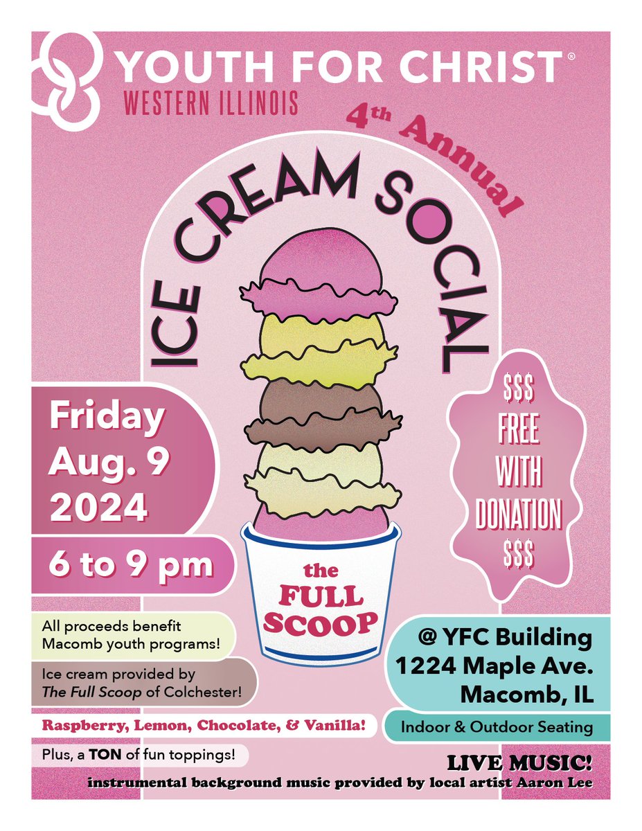 YFCWesternIL's tweet photo. Our 4th annual Ice Cream Social is coming up on August 9!  Free ice cream with every donation, served from 6 to 9 pm.  (First come, first serve!) 
Come enjoy a cold treat, warm fellowship, and some delightful music! All are welcome! https://t.co/HGJ44gYTM0