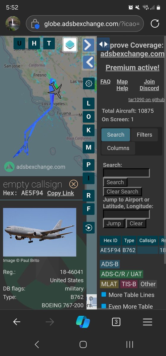 norb420's tweet photo. #AE5F94 as #ARRIS46 From earlier, up from Edwards AFB KEDW headed North. Over flying Sequoia National Forest and most likely picked up something from NAS China Lake. Headed out over the water to pass gas. After about 3 to 4 hours returned its chick(s) to China Lake. Finished off the day with touch n go's at Edwards AFB. 5 hours and 45-ish minutes flight time.