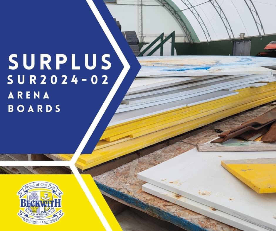 TwpBeckwith's tweet photo. SURPLUS EQUIPMENT - SUR2024-02

Arena Boards
Approx. 450' of 4' White Boards
Approx. 450' of 8" Yellow Boards

Bids for surplus equipment will be received until July 19, 2024, AT NOON

For more information and to download the Surplus Equipment Package: https://t.co/NzE5CasazC https://t.co/rs8MUBshfr
