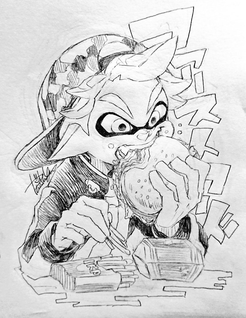 食べ物を頬張るエン(アナログ再掲)
#Splatoon #splatoonart 