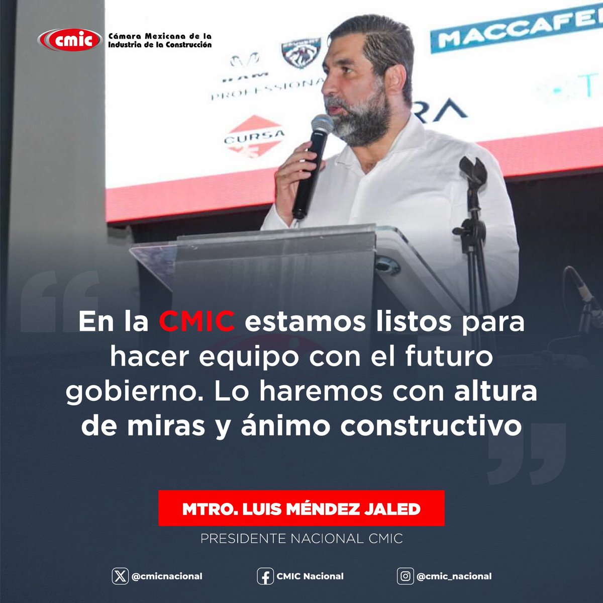 cmicnacional's tweet photo. Listos, los constructores del país para 
colaborar en el avance de México: Luis Méndez Jaled @lmendezjaled. 

Nuestro presidente nacional estuvo hoy en Colima, en donde reconoció el trabajo conjunto que se realiza en ese estado y convocó a los empresarios del sector de la construcción del país a colaborar para hacer avanzar al país. 

https://t.co/nZXFbuLrmr