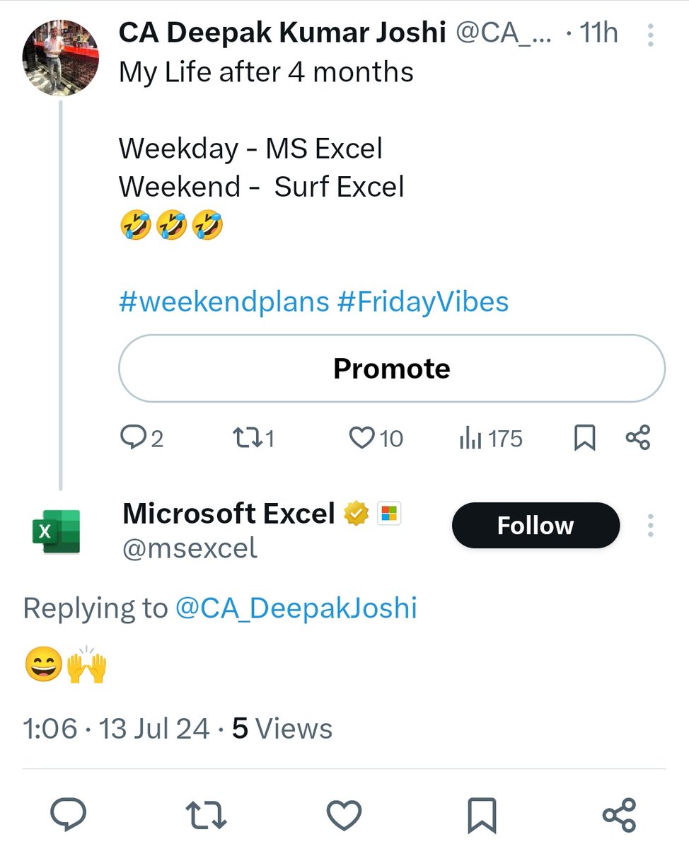 CA_DeepakJoshi's tweet photo. MS Excel understood it so well🤣🤣

#SaturdayVibes #SaturdayMorning https://t.co/MLwWHn8RWs
