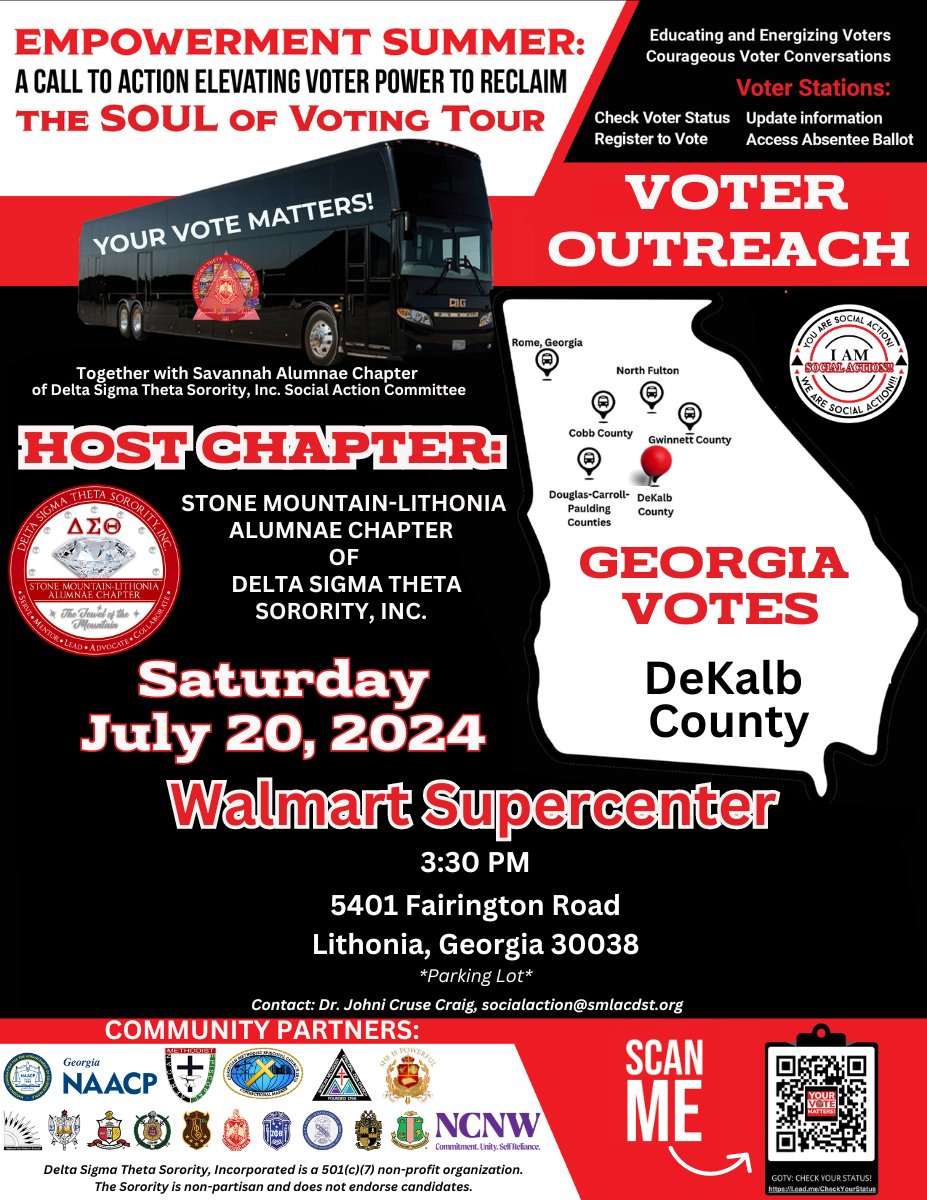 NEXT EMPOWERMENT SUMMER TOUR STOP…
Meet SM-LAC and many community partners at the Wal-mart Supercenter in DeKalb County on Saturday, July 20, 2024 at 3:30 PM! This voter outreach tour stop will share actions you can take to be an informed voter! 
Come out, share, and invite!