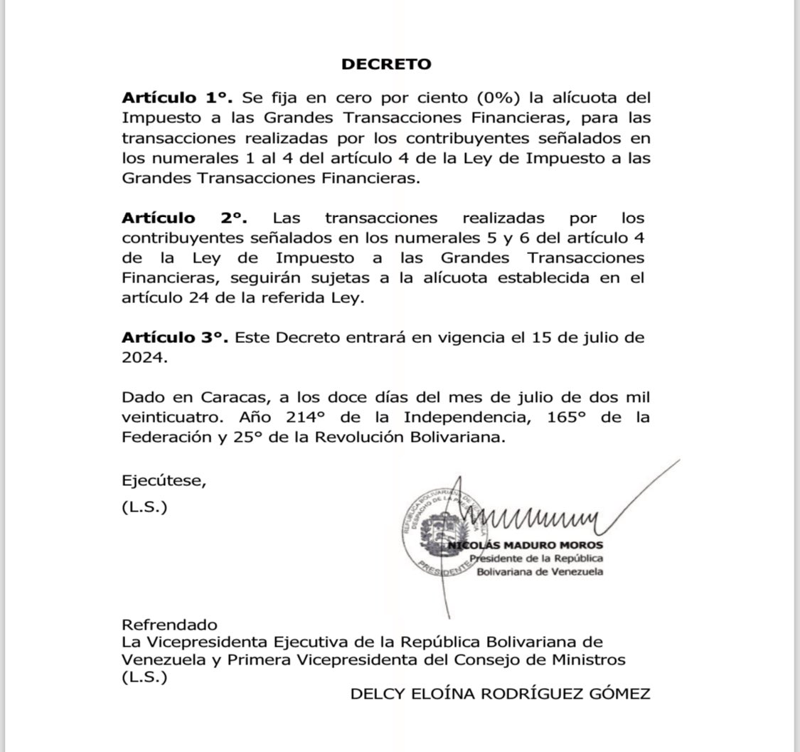jojagarcia's tweet photo. #IGTF Decreto 4.972, mediante el cual se fija en 0% alícuota del Impuesto a las Grandes
Transacciones Financieras, para las transacciones realizadas por los contribuyentes señalados en
los numerales 1 al 4 del artículo 4 de la Ley de IGTF https://t.co/Q3SDJiiVX8