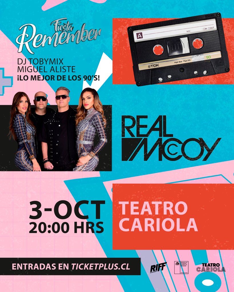 ¡La banda alemana de eurodance, Real McCoy llega a Santiago! 🪩

Además, en una experiencia única, volvamos a los 90’s con Remember Party, junto a DJ Toby Mix y Miguel Aliste 🎶

🗓️ 3/10 en Teatro Cariola 
🎫 Entradas ya disponibles en ticketplus.cl

#ExperienciaRiff 🎉