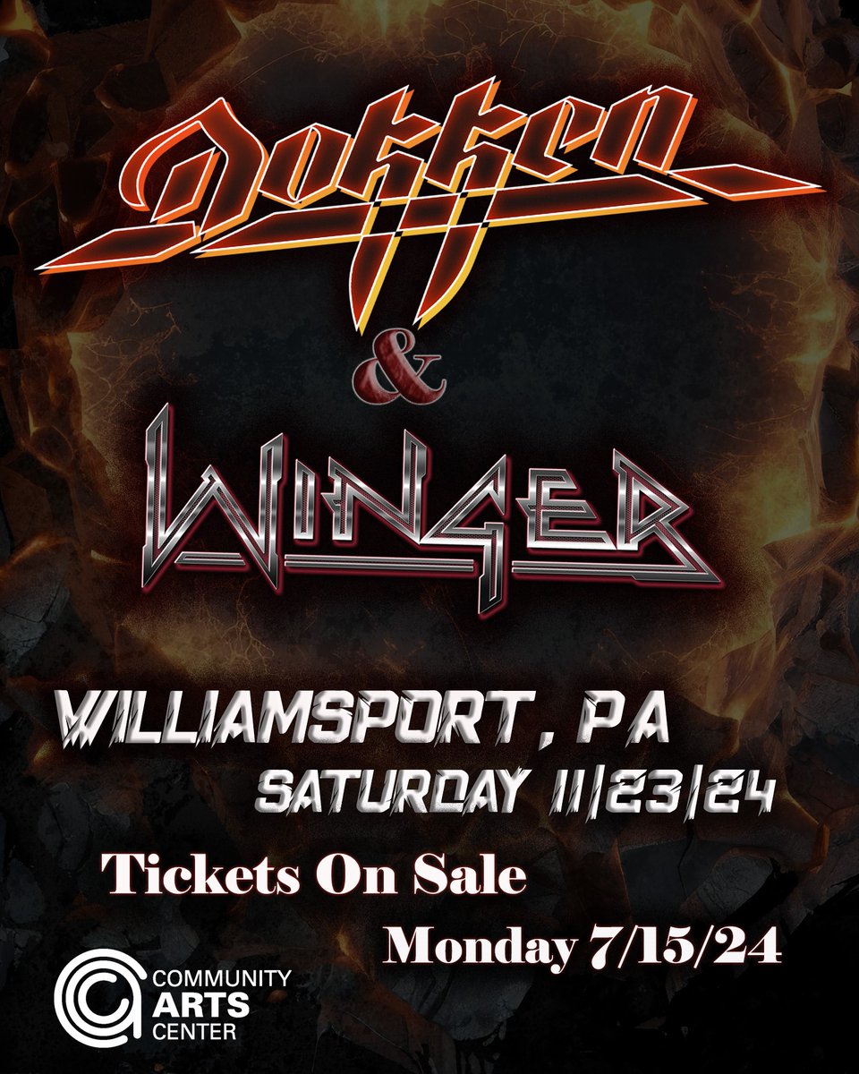 Dokken &amp; Winger will be at the Community Arts Center in Williamsport, PA November 23rd.
Public tickets go on sale Monday July 15th.
For more information: caclive.com/events/dokken-…
<a href="/Dokken/">DOKKEN</a> <a href="/WingerTheBand/">Winger</a> <a href="/CAClive/">CommunityArtsCenter</a>