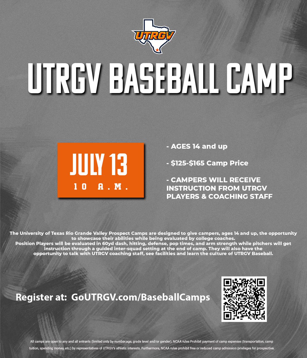 UTRGVCamps's tweet photo. 🚨 Prospect Camp 🚨 

Date: July 13th
Time: 10am - 2pm
Check in at 9:15am
Location: UTRGV Baseball Stadium 

Come checkout our beautiful UTRGV campus and facilities and get seen by our coaching staff! 
#RallyTheValley

Get signed up with the link below. 

https://t.co/WNBvv9e9US https://t.co/ZClz4u75y3