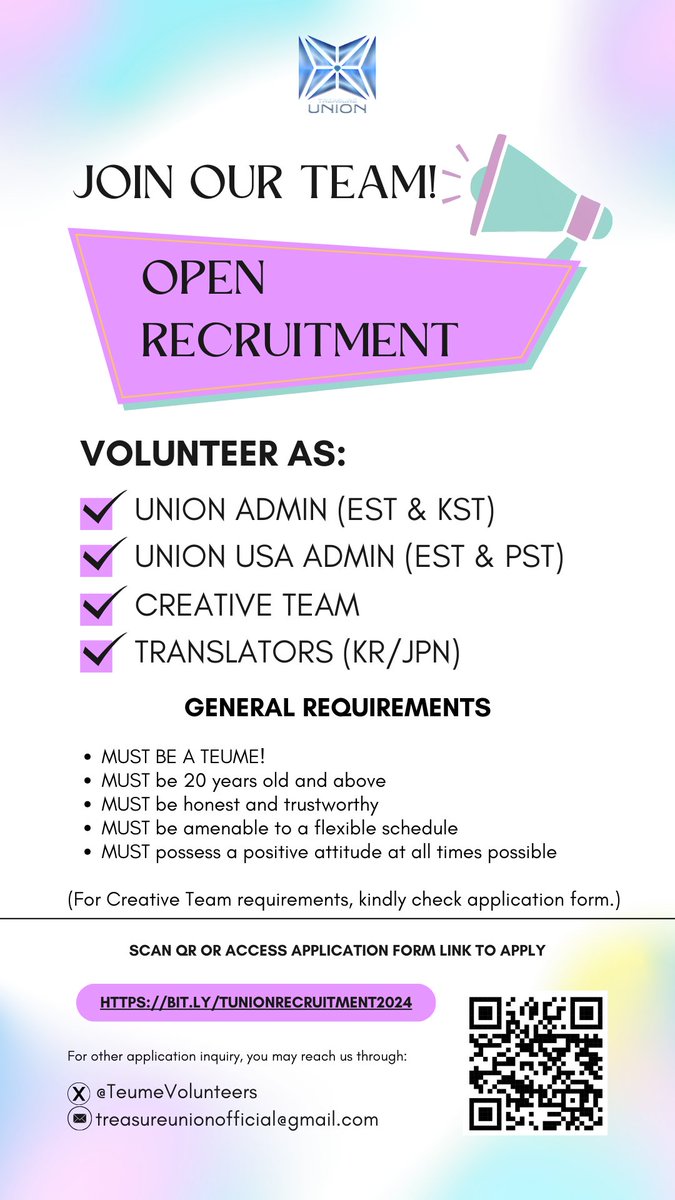#TREASUREMAKER_NOTICE

TREASURE Union is opening its door to welcome dedicated and committed Treasure Makers into our team. 

This is an open volunteer recruitment. For those who are interested to join, please refer to all information regarding our application on the poster