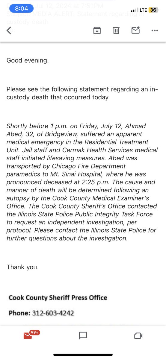 BREAKING: A man died at Cook County Jail today — 32-year-old Ahmad Abed “suffered an apparent medical emergency,” according to Sheriff Tom Dart’s office.

Two weeks ago, Dart’s office initially said Cory Ulmer had also suffered a medical emergency. Guards hit him repeatedly.