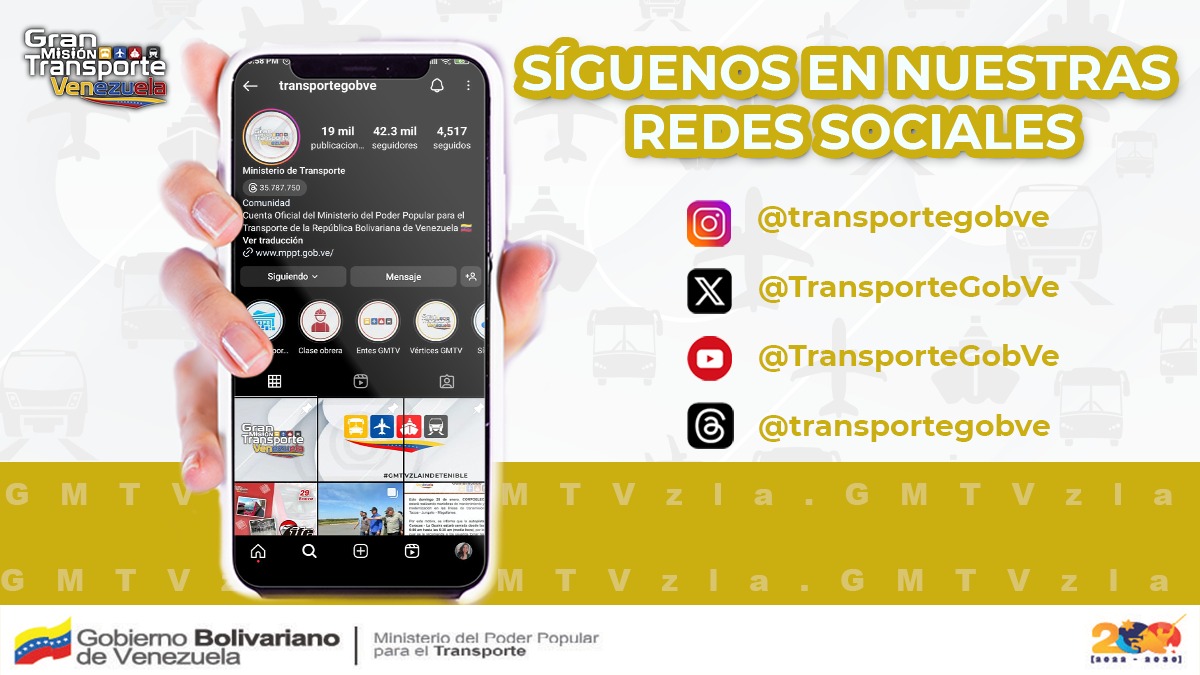 ¡Síguenos en nuestras redes sociales y mantente informado de los avances en materia de transporte en beneficio del pueblo!
#GMTVzlaSomosTodos