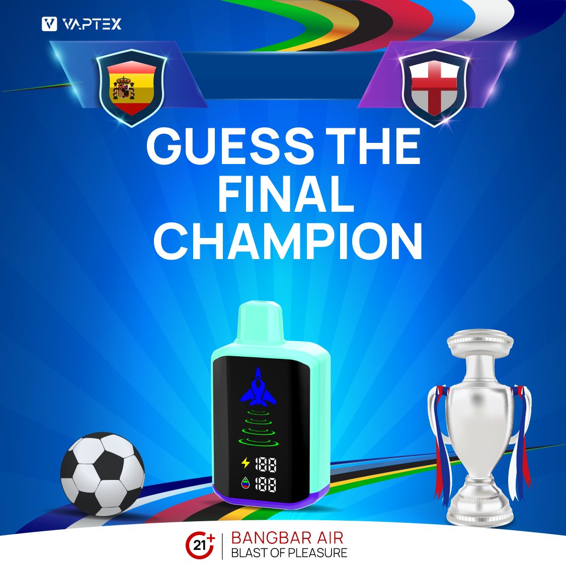 🎉 EURO 2024 Finals Giveaway! 🎉

Predict the winner – England or Spain – and win a Bangbar Air!

To Enter:

Follow us
Comment with your pick
Tag 3 friends
Winner announced after the final. Good luck! 🍀

#euro2024 #giveaway #bangbar #bangbarair #vaptex #vaptexworld