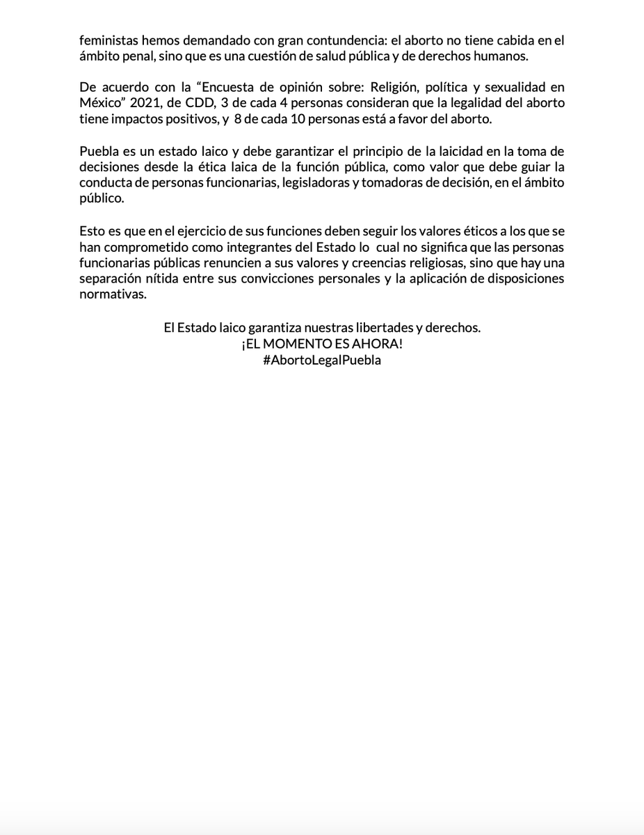 #Comunicado Garantizar el derecho al aborto legal y seguro en #Puebla es un decisión basada en la ética laica, los derechos humanos y la libertad de conciencia.
<a href="/AbortoLegalPue/">AbortoLegalPuebla 🏳️‍⚧️💚</a> <a href="/CAFIS_AC/">CAFIS AC</a> <a href="/REDefinePuebla/">REDefine Puebla</a> <a href="/ddeserpue/">Ddeser Puebla</a> <a href="/redlamorada_ac/">Red la Morada A. C.</a>
<a href="/msilvaruiz/">Mónica Silva</a> <a href="/HablemosDGenero/">Hablemos De Género</a>
<a href="/Manatimx/">Manatí - Noticias desde Puebla</a>
<a href="/quorum_mx/">Info Quórum</a>