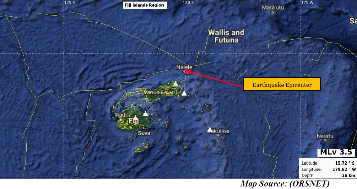 Earthquake Information bulletin issued. 
Date: 13/07/2024 
Time: 01:21:10 PM 
Magnitude: 3.5 
Depth: 16 km 
Location: 120 km NE from Labasa, Vanua Levu
Offshore Earthquake 
However, it does not pose any immediate tsunami threat to the region.