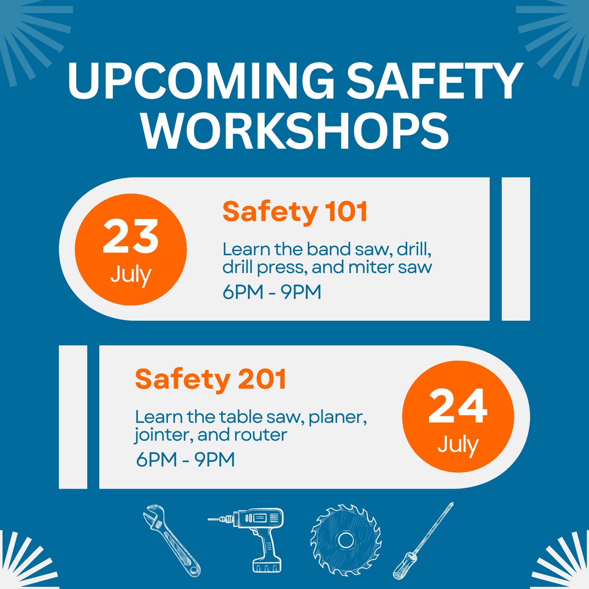 yowtoollibrary's tweet photo. These WorkSpace Safety workshops are hands-on and will teach you how to use these tools safely and effectively. Learn how to stay safe and enhance your skills with us!
🛠️
Sign up now!
https://t.co/xDALR3hCtt
🧰
#ToolSafety #Workshop #SkillBuilding #OTL #ToolLibrary #LearnTools https://t.co/F0yYc0pPzV