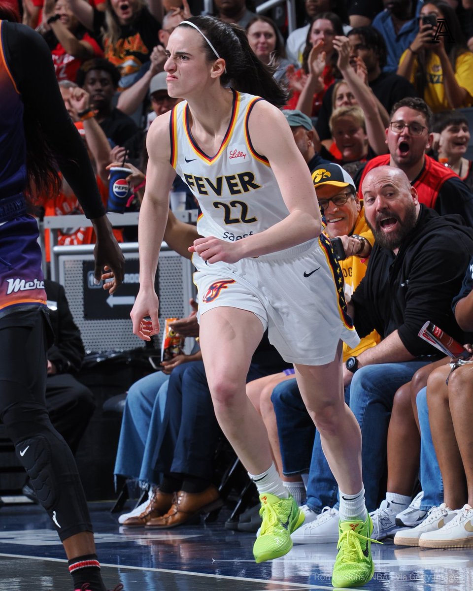TheAthletic's tweet photo. Caitlin Clark is the first rookie in WNBA history to post 400+ PTS, 100+ REB and 150+ AST in a season.

She posted 20 PTS, 6 REB and 13 AST tonight in the Fever's win against the Mercury.

H/T @StatMamba https://t.co/mZCihPCoFc