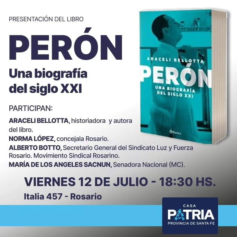 Araceli Bellotta (@aracelibellotta) on Twitter photo Hoy viernes 12 de julio, estaré en Rosario, en la Casa Patria de Santa Fe, presentando "Perón, una biografía del siglo XXI".
Gracias compañera Marlin Sacnum.
<a href="/PlanetaLibrosAr/">PlanetadeLibros Argentina 🇦🇷</a> Hoy viernes 12 de julio, estaré en Rosario, en la Casa Patria de Santa Fe, presentando "Perón, una biografía del siglo XXI".
Gracias compañera Marlin Sacnum.
<a href="/PlanetaLibrosAr/">PlanetadeLibros Argentina 🇦🇷</a>