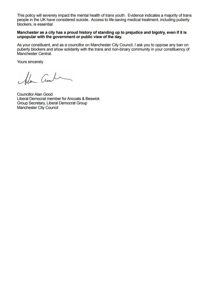 Alan Good (@alangoodld) on Twitter photo This morning I wrote to my MP, the Leader of the House of Commons, re <a href="/wesstreeting/">Wes Streeting</a> breaking precedent and politically intervening in established medical practice.
Puberty blockers are safe, effective and offer trans children options and time. This morning I wrote to my MP, the Leader of the House of Commons, re <a href="/wesstreeting/">Wes Streeting</a> breaking precedent and politically intervening in established medical practice.
Puberty blockers are safe, effective and offer trans children options and time.