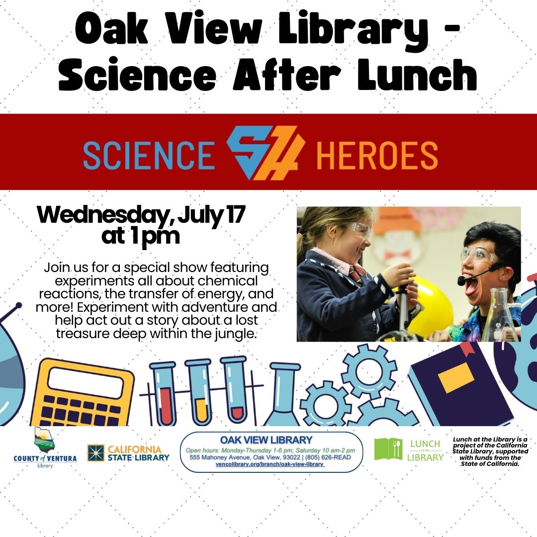 vencolibrary's tweet photo. Join us at Oak View library, Wednesday, July 17th, for a special show with Science Heroes featuring experiments all about chemical reactions, the transfer of energy, physical explosions, and more! #OakViewLibrary #ScienceHeroes #ChemicalReactions #EnergyTransfer https://t.co/wANz9glW7W