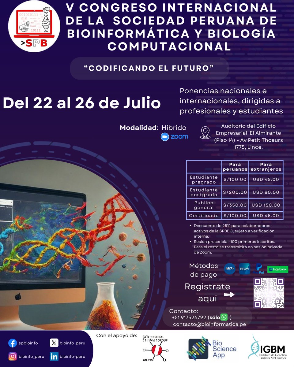 Bioinfo_Peru's tweet photo. ¡EL MOMENTO HA LLEGADO!
Conoce a los ponentes que que participarán del V Congreso Internacional de la Sociedad Peruana de Bioinformática y Biología Computacional en colaboración con @ISCB_RSGPeru.
Échale un ojo a nuestro programa
#SPBBC #Bioinformática #BiologíaComputacional https://t.co/kbijhsGOsR