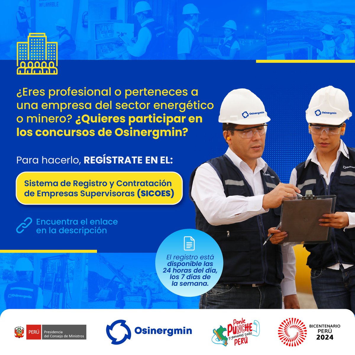 OSINERGMIN's tweet photo. #ConcursoPúblico 🤚 | Inscríbete en el Registro de Precalificación del #SICOES. 👷♀️👷♂️
🔵 Realiza tu registro aquí: https://t.co/4Ywoq92f23
🔵 Revisa los requisitos en nuestra Matriz de Perfiles: https://t.co/0Rno6Lt6Ux
#FelizViernes #Convocatoria #Ahora #Trabajo #Oportunidad https://t.co/fMMe18o3DX