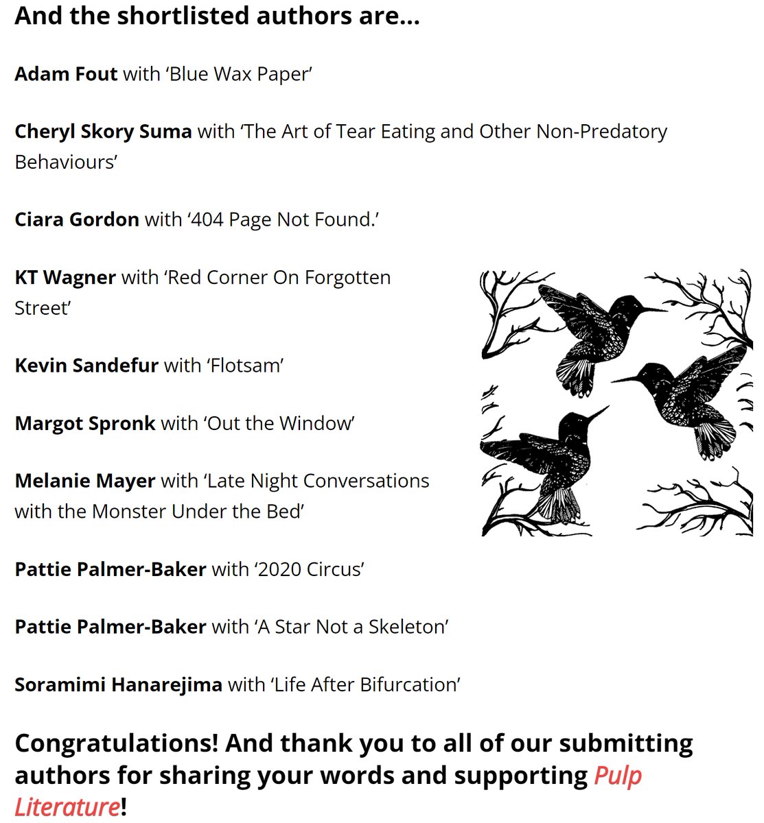 KDMcDougall's tweet photo. Congratulations to the short listed authors for the Pulp Literature Hummingbird Prize.
@KT_Wagner https://t.co/vzZojHVm7C