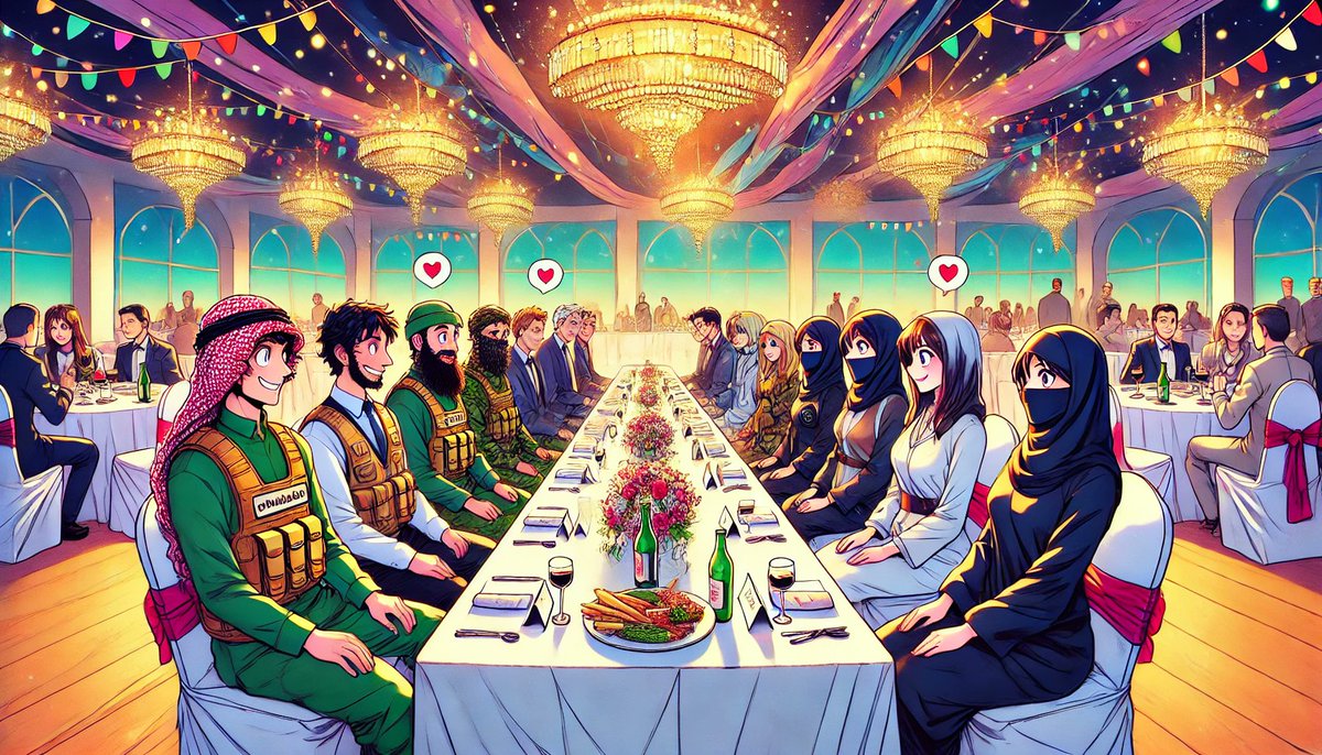 AiPinfu2003's tweet photo. 【死ぬか結婚か：テロリスト婚活作戦】
「テロリストを結婚させたら平和になるんじゃない？」
この考えからテロリストを引退させるために婚活パーティが開かれたことがある。

かつて「黒い九月」というテロ組織がいた。彼らの最も有名なテロはミュンヘンオリンピック事件で、人質とともに自爆までしている。

しかし風向きが変わってきた。
「黒い九月」の後ろ盾のパレスチナ解放機構
（PLO）がイスラエルとの共存に方針転換したのだ。そしてPLOは国連会議に参加が認められるようになった。もうテロで声をあげる必要はない。むしろ「黒い九月」を放置すると外交努力が無駄になりかねない。

しかし彼らは自爆をも厭わない冷酷な殺人機械であった。植え付けられた憎悪は簡単には拭えない。「黒い九月」をただ解散しただけでは他のテロ組織に再加入し、イスラエルとパレスチナに憎悪が向かいかねない。そのため「黒い九月」の抹殺命令がくだされた。

しかし「黒い九月」の司令官は抹殺命令を受け入れなかった。そして彼らを救う方法を模索した。そこで生まれたのが婚活作戦だ。
彼らに死ぬ理由でなく、生きる理由を与えることにしたんだ。

司令官達は各地のパレスチナ難民キャンプを巡り、若く美しいパレスチナ人女性を探し頼んだ。
「パレスチナを救って欲しい」
この呼びかけに応じた女性達がパレスチナのために集まった。

開かれたパーティは、大学のプロムパーティのようなものだった。若い男女が出会い、恋に落ち、結婚することが期待された。司令官達は出会いだけでなく祝い金、家、新しい仕事まで提供した。

この作戦は大成功した。全員が結婚し父となり、守る家族ができた元テロリスト達は二度と戦いの世界に身を戻すことはなかった。かつて死を恐れなかった彼らは、家族と離れることを恐れて国外出張の命令も拒否するようにもなったという。

『世界を変えるには、まず家に帰って家族を愛しなさい』これはマザー・テレサの言葉だ。このテロリストの結婚話はまさにその言葉を体現したものだろう。

愛は世界を本当に変えることができるのかもしれない。
だから今日は家族・恋人と過ごそう、世界をより良くするために。

参考：Bruce Hoffman. All You Need Is Love
 How the terrorists stopped terrorism. The Atlantic. 2001