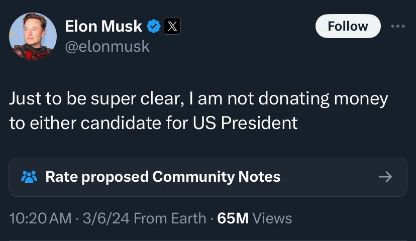 JuddLegum's tweet photo. MUSK: (March): Just to be super clear, I’m not donating to either candidate

MUSK: (July) Donates to Trump https://t.co/4QTWqPOsmo