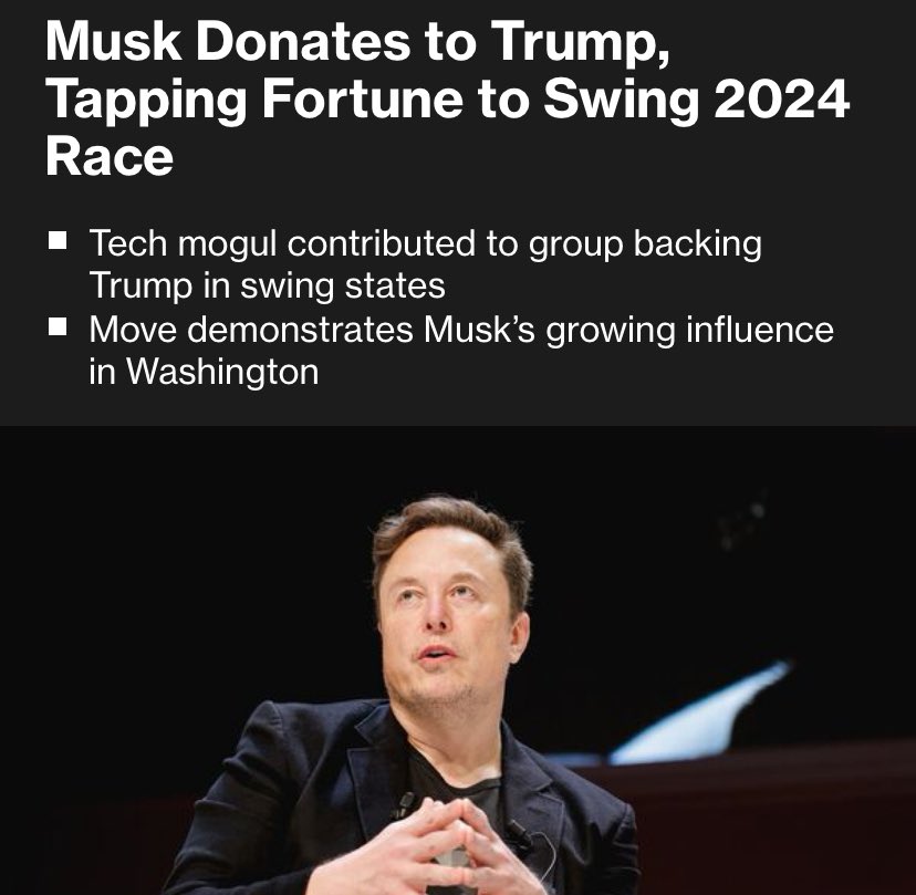MUSK: (March): Just to be super clear, I’m not donating to either candidate

MUSK: (July) Donates to Trump