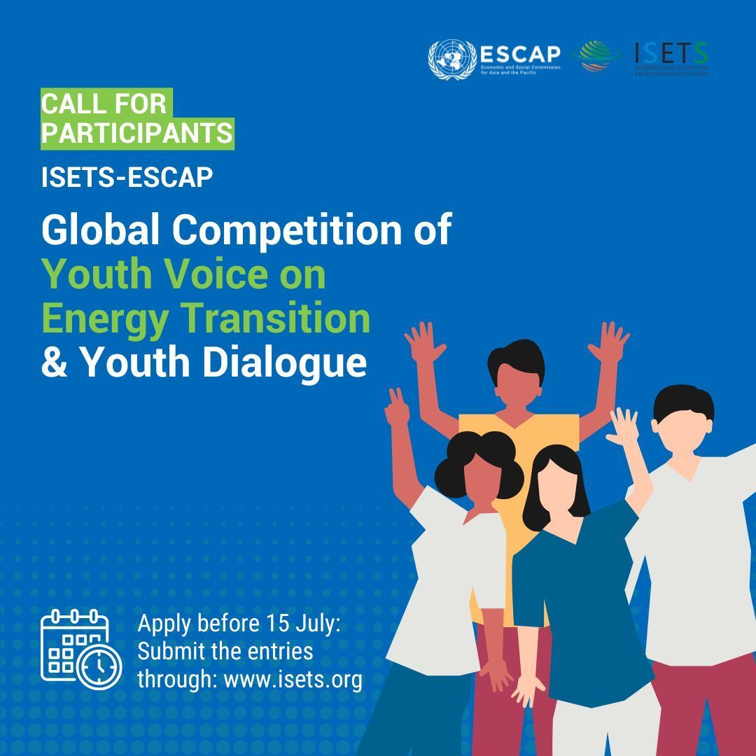 UNESCAP's tweet photo. 🚨 Only 2 days left to apply for the @ISETS2020-@UNESCAP Youth Voice Competition! 

Are you aged 18-30 &amp; have an idea to advance #EnergyTransition? 

Submit for a chance to participate in the Youth Dialogue at ESCAP HQ in Bangkok.

🗓️Apply by 15 July:  https://t.co/Qi1UrRWyuz https://t.co/ZEzFwMXVA5