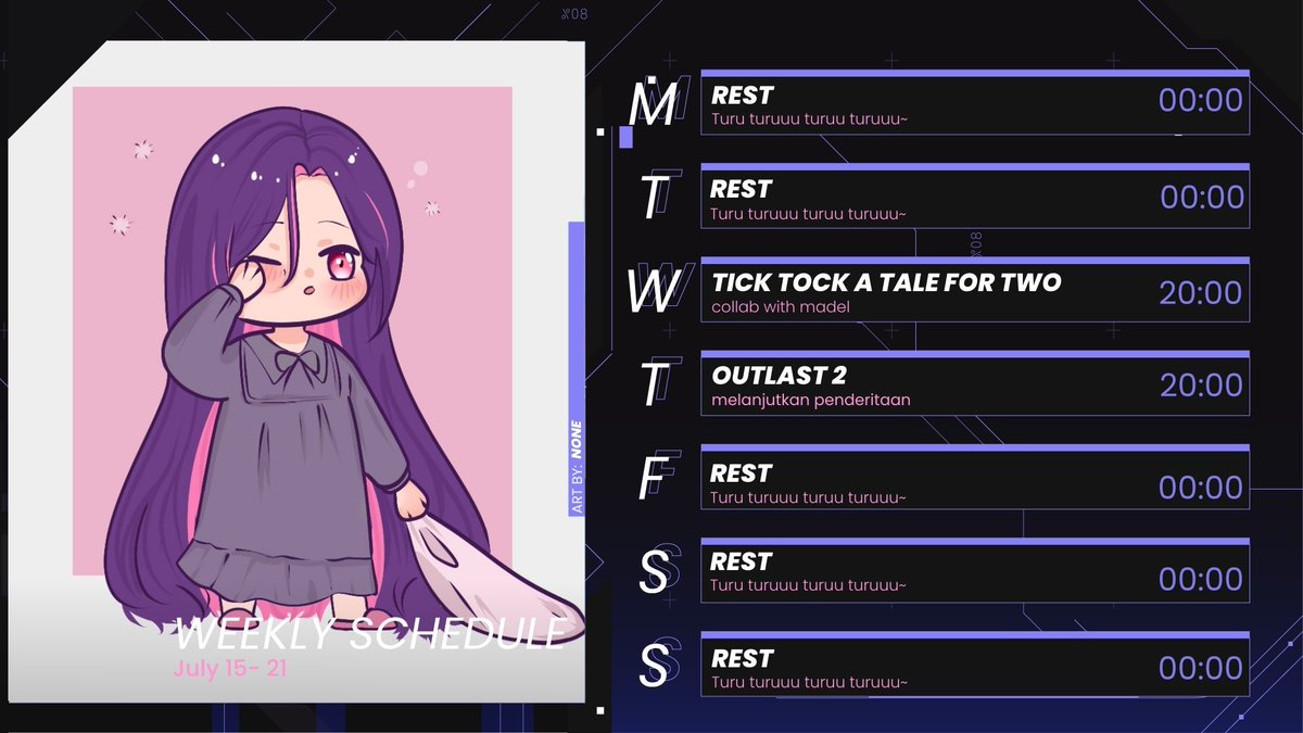 xielrin's tweet photo. 『Schedule』July 15 - 21 
skejulll~ asiiqq colleb sm om madel hwehwe + melanjutkan penderitaan T-T kemungkinan ada guerilla jugaaa sih mungkin ya xD

💜# Hashtag # 💜
General : #xirin_
FanArt : #xirin_art
Fan Name : #Xinting
Fan Icon : 🐤
#IDVtuber #UprisingVtuber #Vtubers https://t.co/GnDm2ISYrW