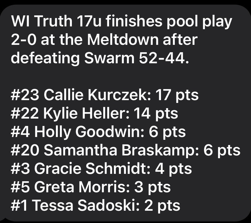 WI Truth Basketball (@witruthbb) on Twitter photo WI Truth 17u moves to 2-0 at NT Meltdown.
<a href="/PGHWisconsin/">ππ«ππ© ππ’π«π₯π¬ ππ¨π¨π©π¬ ππ’π¬ππ¨π§π¬π’π§</a> <a href="/JrAllStarBB/">Jr. All-Star Girls Basketball</a> <a href="/TheMRR7/">The Midwest Recruiting Resource</a> <a href="/MHS_Girls_/">Midwest Hoops Spotlight</a> <a href="/PGHBrooks/">Jeremy Brooks</a> <a href="/PriceJameson1/">Jameson Price</a> <a href="/MasonHAsher/">Mason Asher</a> <a href="/FiveStateHoops/">Five State Hoops</a> <a href="/BradyJ_Peterson/">Brady Petersonπ΅π·</a> WI Truth 17u moves to 2-0 at NT Meltdown.
<a href="/PGHWisconsin/">ππ«ππ© ππ’π«π₯π¬ ππ¨π¨π©π¬ ππ’π¬ππ¨π§π¬π’π§</a> <a href="/JrAllStarBB/">Jr. All-Star Girls Basketball</a> <a href="/TheMRR7/">The Midwest Recruiting Resource</a> <a href="/MHS_Girls_/">Midwest Hoops Spotlight</a> <a href="/PGHBrooks/">Jeremy Brooks</a> <a href="/PriceJameson1/">Jameson Price</a> <a href="/MasonHAsher/">Mason Asher</a> <a href="/FiveStateHoops/">Five State Hoops</a> <a href="/BradyJ_Peterson/">Brady Petersonπ΅π·</a>