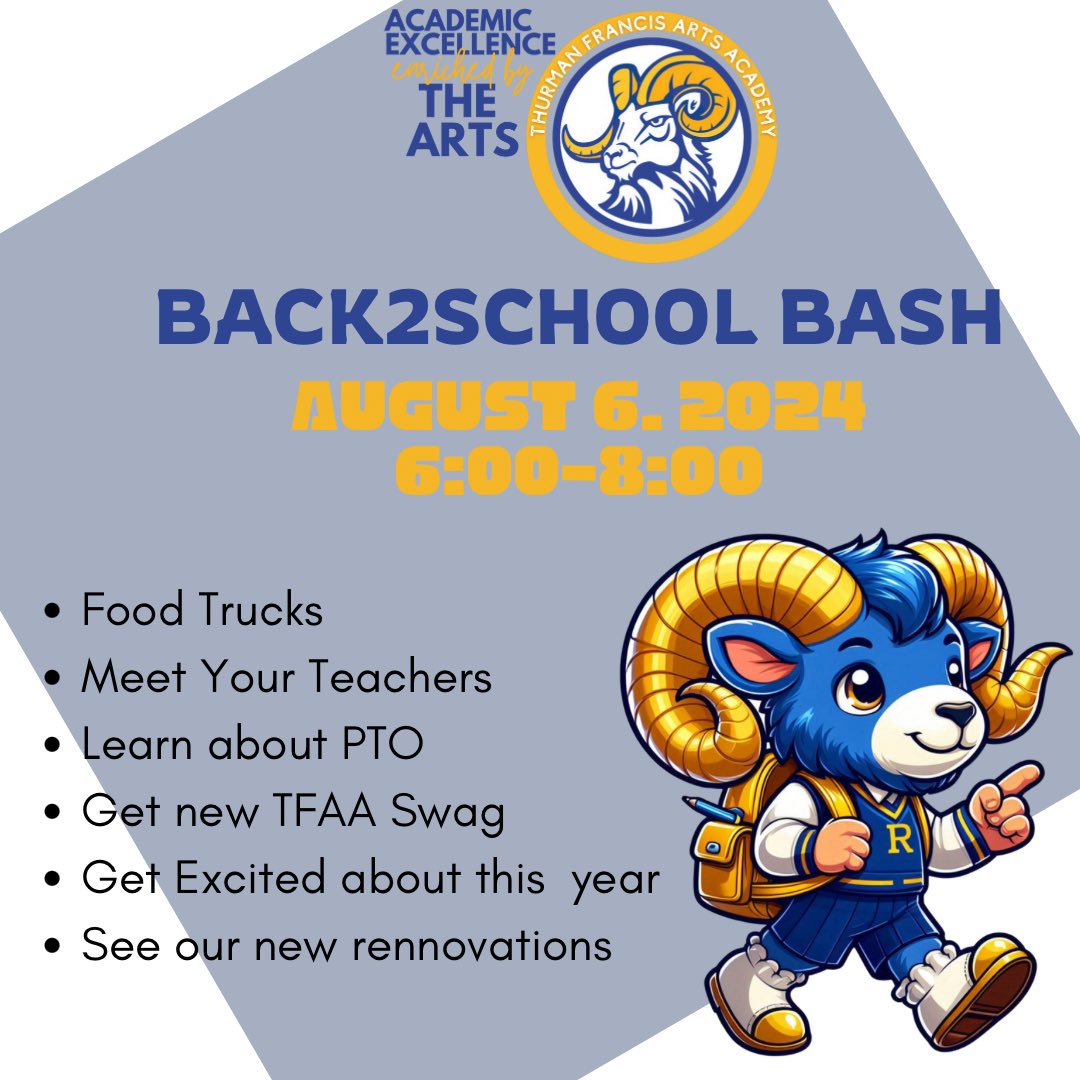 Thurman Francis (@tfaa_rams) on Twitter photo Back2School Bash for grades 1-8! Mark your calendars! Itโs going to be a great night. <a href="/DrMarkJGonyea/">๐ป๐ฃ. ๐๐๐ฃ๐ ๐ ๐พ๐ ๐๐ช๐๐</a> <a href="/mrsjgehrke/">Mrs. Janelle Gehrke, Ed. S.</a> #theHeARTofExcellence Back2School Bash for grades 1-8! Mark your calendars! Itโs going to be a great night. <a href="/DrMarkJGonyea/">๐ป๐ฃ. ๐๐๐ฃ๐ ๐ ๐พ๐ ๐๐ช๐๐</a> <a href="/mrsjgehrke/">Mrs. Janelle Gehrke, Ed. S.</a> #theHeARTofExcellence