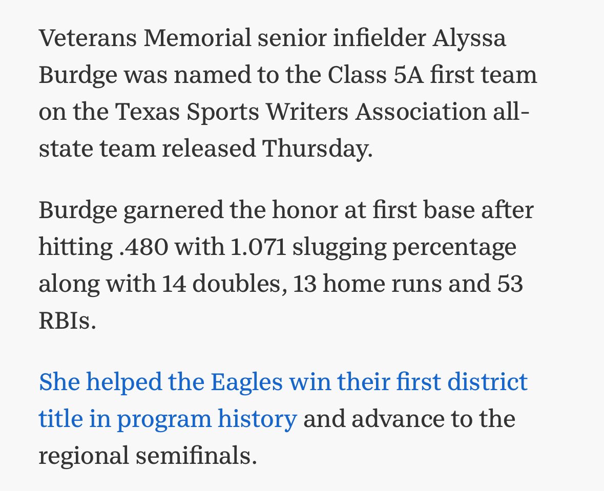 Congrats Alyssa! She stepped up this year to play 1st, a position she never played before, due to an injury. Never questioned &amp; understood her role..didn’t give up or quit even if it meant learning a new position her SR Yr! That mindset got her 1st TEAM ALL STATE HONORS♥️🤍💙
