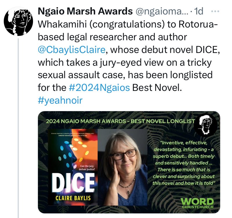 A fantastic birthday present to find out Dice has been included on the <a href="/ngaiomarshaward/">Ngaio Marsh Awards</a> best novel long-list. Very honoured - congratulations to all.  <a href="/AllenAndUnwinNZ/">Allen & Unwin Aotearoa NZ</a> <a href="/AllenAndUnwin/">Allen & Unwin</a>