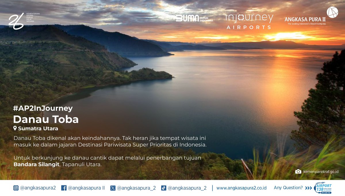 INJairports's tweet photo. Happy Weekend #AP2Friends! Kali ini #APMin mau ajak kalian ke Danau Toba, lebih tepatnya di Sumatera Utara
#AP2Friends bisa mengunjungi daerah ini melalui Bandara Silangit‼️
#AngkasaPura2
#InJourney
#BUMNuntukIndonesia https://t.co/eCEjsOmDIk