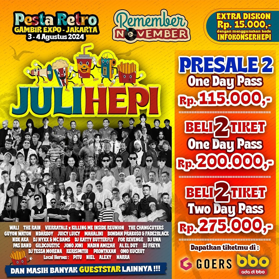 narraofficial_'s tweet photo. Hallo Narrative👋🏽

untuk kalian yang belum kebagian presale 1 jangan sedih, karna masih tersedia presale 2 🙌🏽

info selengkapnya hanya di @remembernovemberfest 

tiket bisa kalian beli di @bbo.co.id &amp; @goersapp 

#narra #narrative #pestaretro #remembernovember #gambirexpo https://t.co/blC1zuMl3T