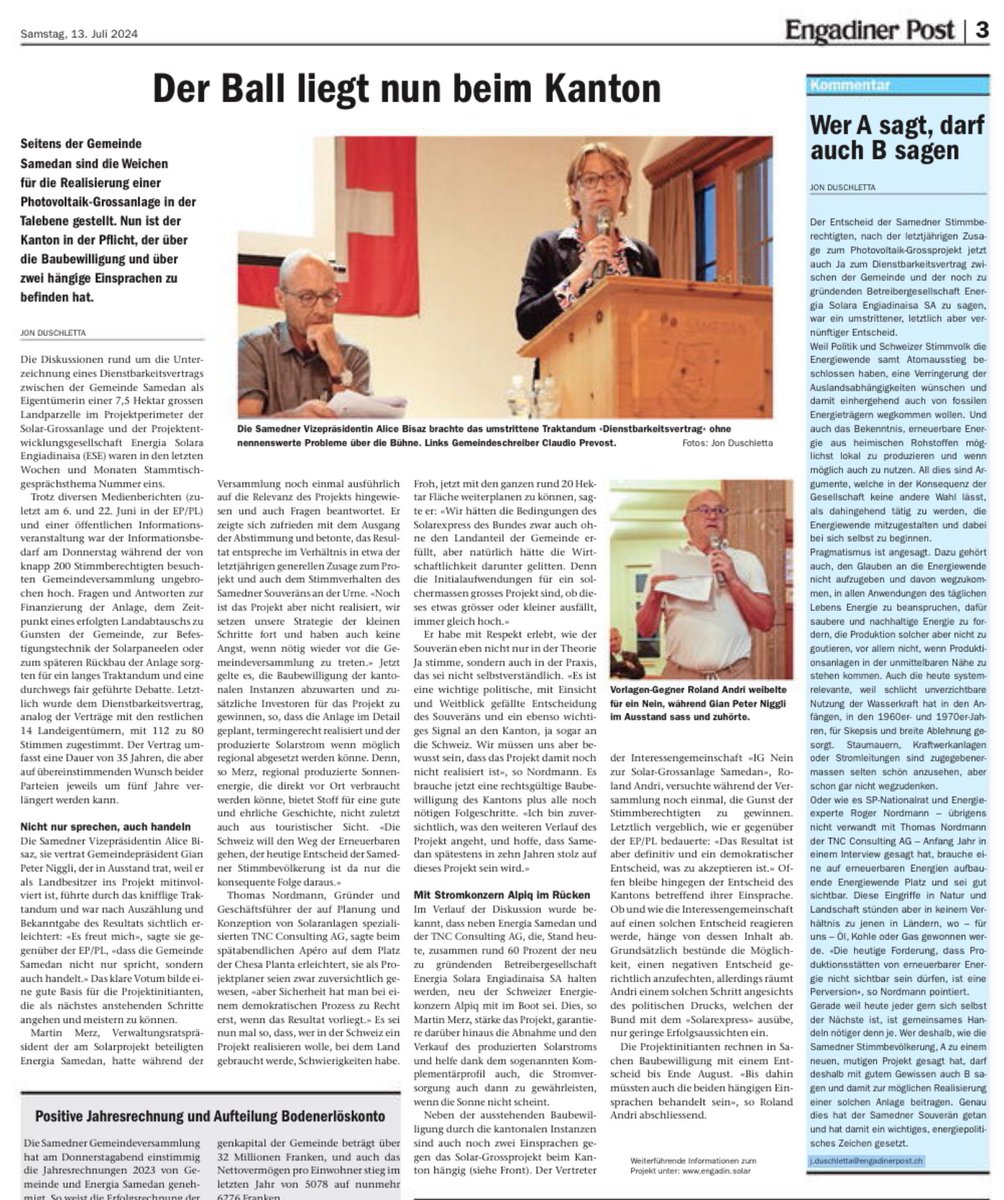 2. Entscheidung zum 15 MW-PV Projekt. Eine sorgfältiger, mit Respekt &amp; Fairnes geführten politischen Prozess ist Grundlage für ein PV-Grossprojekt. Die Schritte zur Energiewende sind technisch, ökonomisch und politisch anspruchsvoll. Sie machen unsere Zivilgesellschaft stärker!