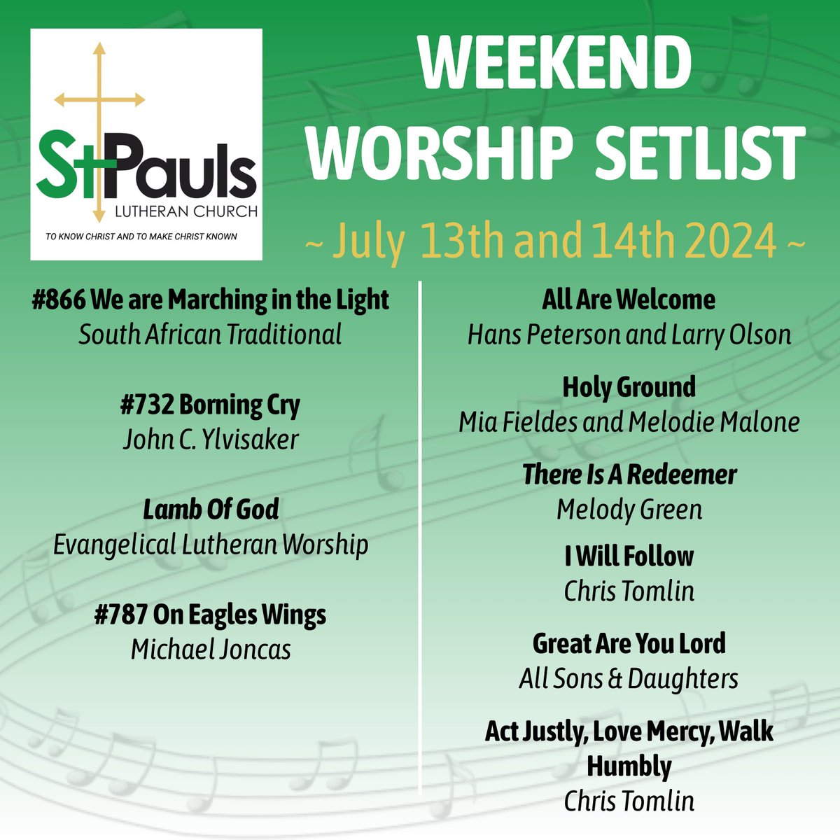 🎶 Excited for this weekend's worship experience! Join us as we lift our voices with songs of praise and reflection. Here's a sneak peek at our Weekend Worship Setlist! #stpaulsgi #GrandIslandNE #NESynod #ELCA