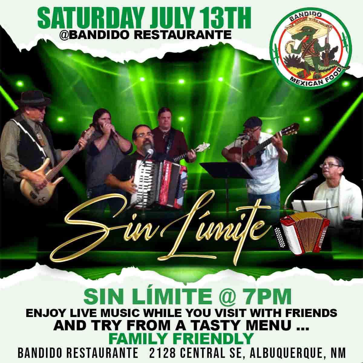 BANDIDOS100's tweet photo. Te esperamos este Sabado en #bandidohideout 
A bailar con la musica de #sinlimite y a disfrutar de una riquisima #Michelada y el mas rico #menudo de #Albuquerque. https://t.co/WcJn0t3KbB