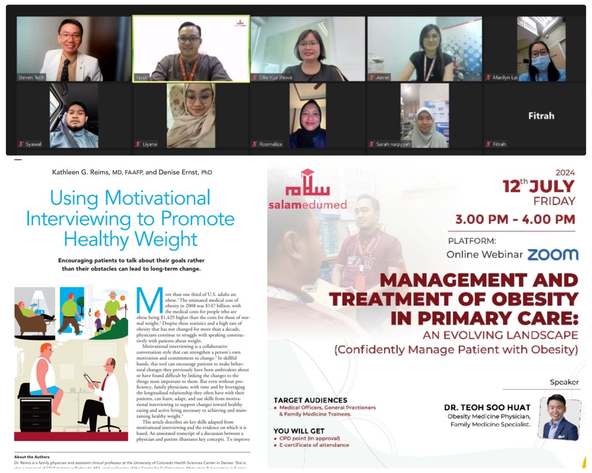 drteohsh's tweet photo. Motivational interviewing (MI) was asked in my webinar. MI aims to motivate patients & guide non-weight related visits to #obesity care. Principles: #collaboration, #autonomy, #evocation. I recommend the AAFP's MI guide. TQ Klinik AsSalam for the invite & #iNova for sponsoring. https://t.co/Q9j9T6HGsg