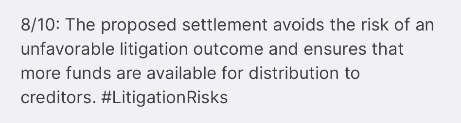 FTXClaims's tweet image. 8/10: The proposed settlement avoids the risk of an unfavorable litigation outcome and ensures that more funds are available for distribution to creditors. #LitigationRisks