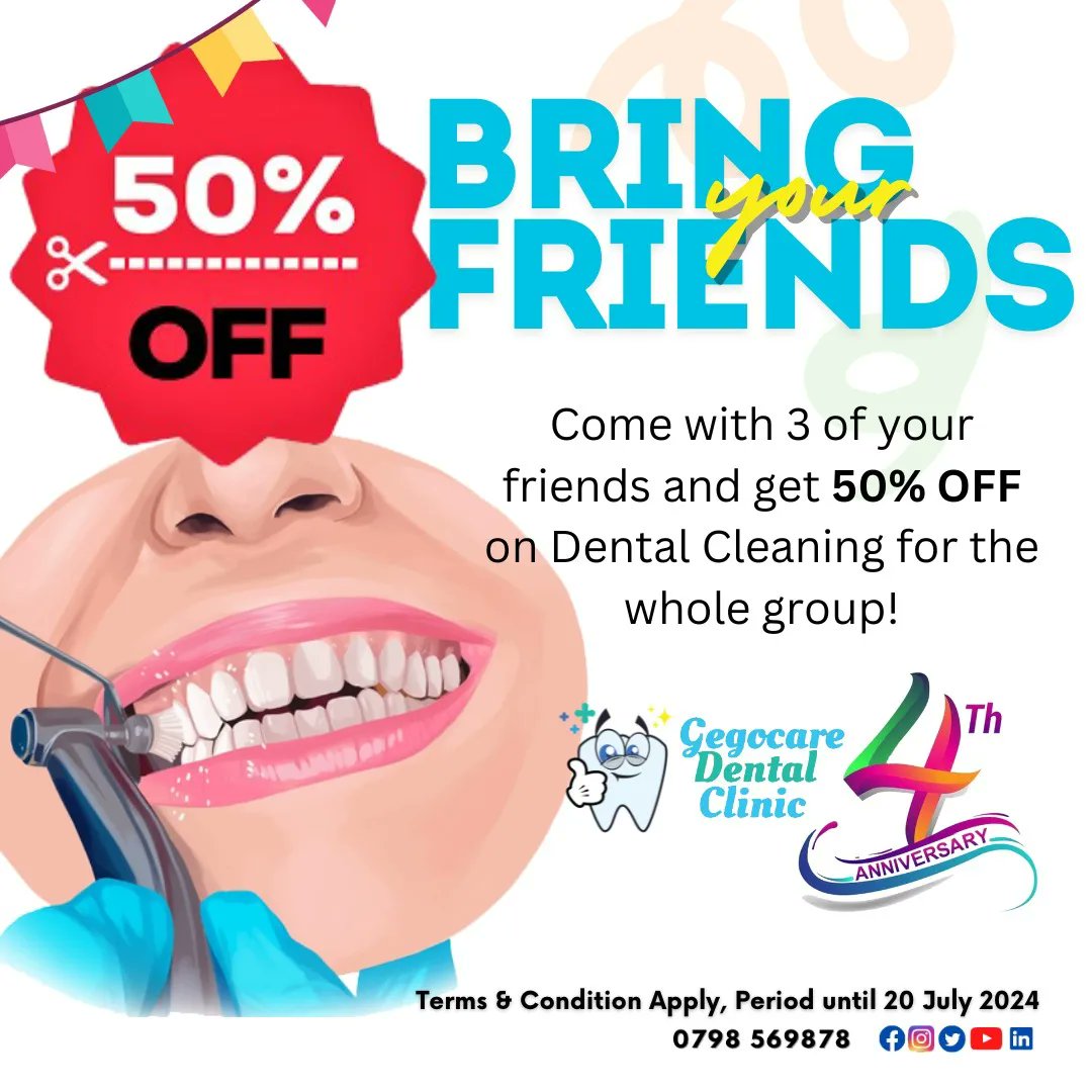 gegocare's tweet photo. IT'S OUR BIRTHDAY WEEK!!🥳🥳 &amp; we've got a very special offer for you and your and friends!
We are turning 4, So if you can gather 3 of your friends or family into a group of 4 people, that group gets 50%OFF on Dental Cleaning. 
The offer runs until Saturday 20th July. https://t.co/DduaTue9NB