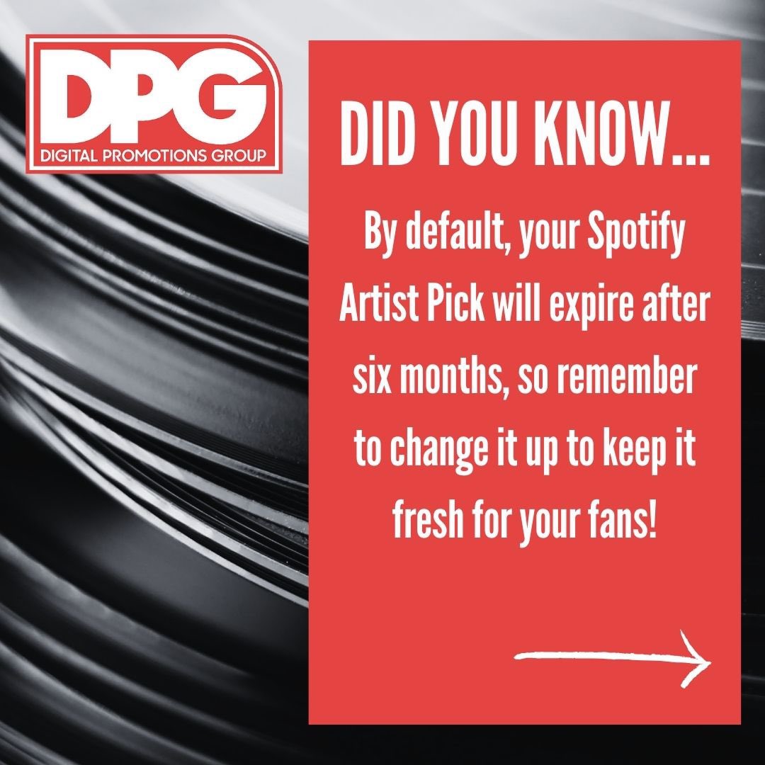 dpgworldwide1's tweet photo. Did you know your Artist Pick expires after six months? Set a reminder to update it regularly and keep your profile fresh for fans! Don't forget to add a comment for extra context and connection.

#SpotifyForArtists #ArtistPick #MusicTips #FanEngagement #StayFresh #DPGInsights https://t.co/aANocCWORJ