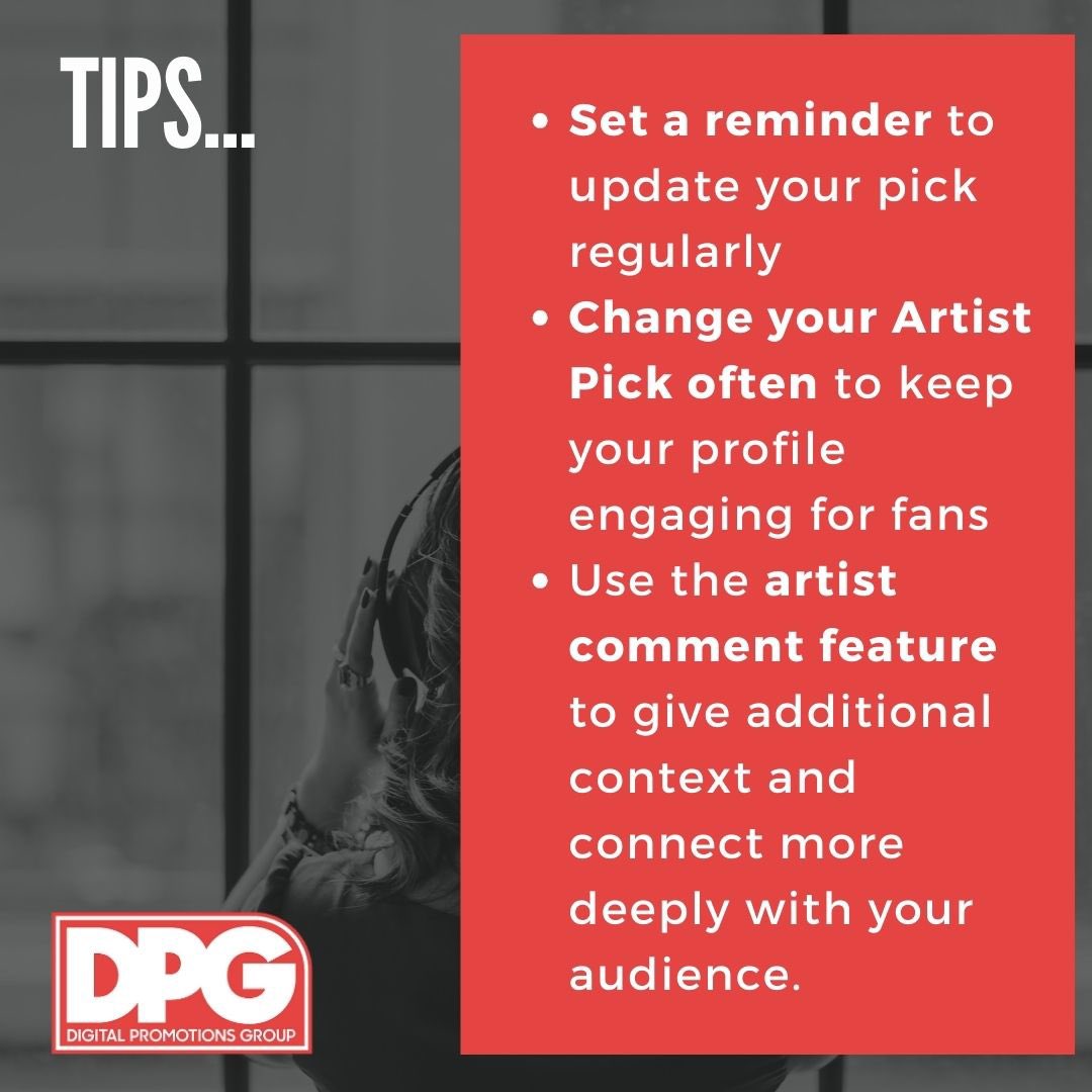 Did you know your Artist Pick expires after six months? Set a reminder to update it regularly and keep your profile fresh for fans! Don't forget to add a comment for extra context and connection.

#SpotifyForArtists #ArtistPick #MusicTips #FanEngagement #StayFresh #DPGInsights