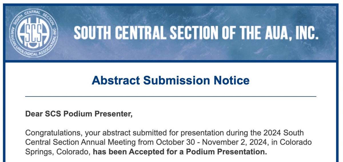 Alexandra Farhangui (@afarhangui) on Twitter photo Was just notified that I’ll be doing a podium presentation at the AUA’s South Central Section in ✨Colorado Springs✨ Woohoo!!! Great work team 💛 <a href="/TranAnhMinhKhue/">Khue Tran</a> <a href="/kellimgilliam/">Kelli Gilliam</a> <a href="/hannah_bass37/">Hannah Bass</a>
And thank you <a href="/SCSAUA/">South Central Section of the AUA</a>! #SCSAUA24 Was just notified that I’ll be doing a podium presentation at the AUA’s South Central Section in ✨Colorado Springs✨ Woohoo!!! Great work team 💛 <a href="/TranAnhMinhKhue/">Khue Tran</a> <a href="/kellimgilliam/">Kelli Gilliam</a> <a href="/hannah_bass37/">Hannah Bass</a>
And thank you <a href="/SCSAUA/">South Central Section of the AUA</a>! #SCSAUA24